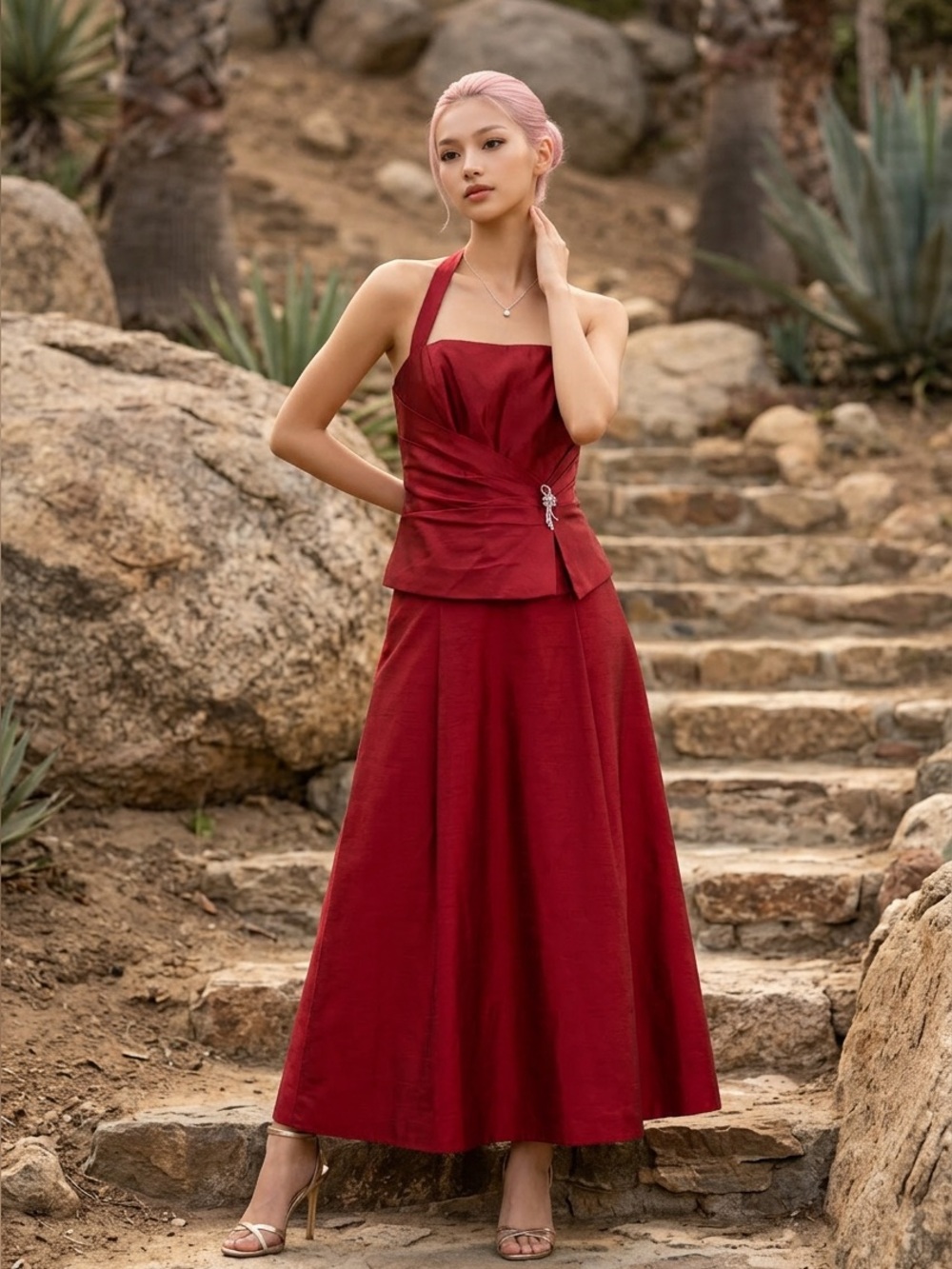 Michaelangelo Satin Red Evening Top with Halter Neck (Top Only)
